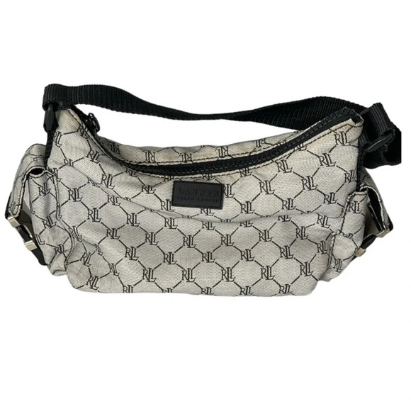 VINTAGE Y2K Lauren Ralph Lauren Black Grey Signature Monogram Shoulder Bag - Picture 2 of 16